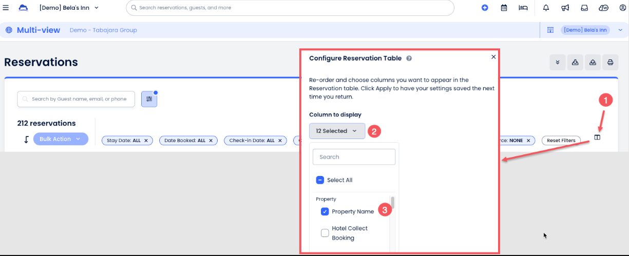 Configuración de columnas de la página de reservas