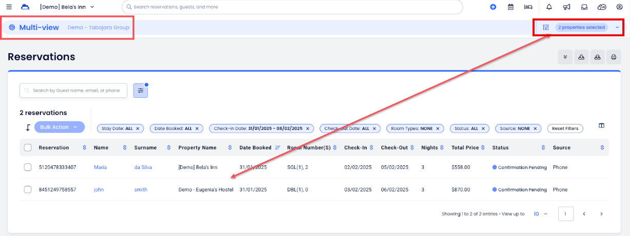 Tabla de reservas con varias propiedades