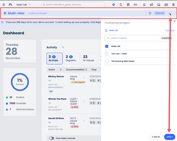Barra de selección de propiedades en la vista multipropiedad