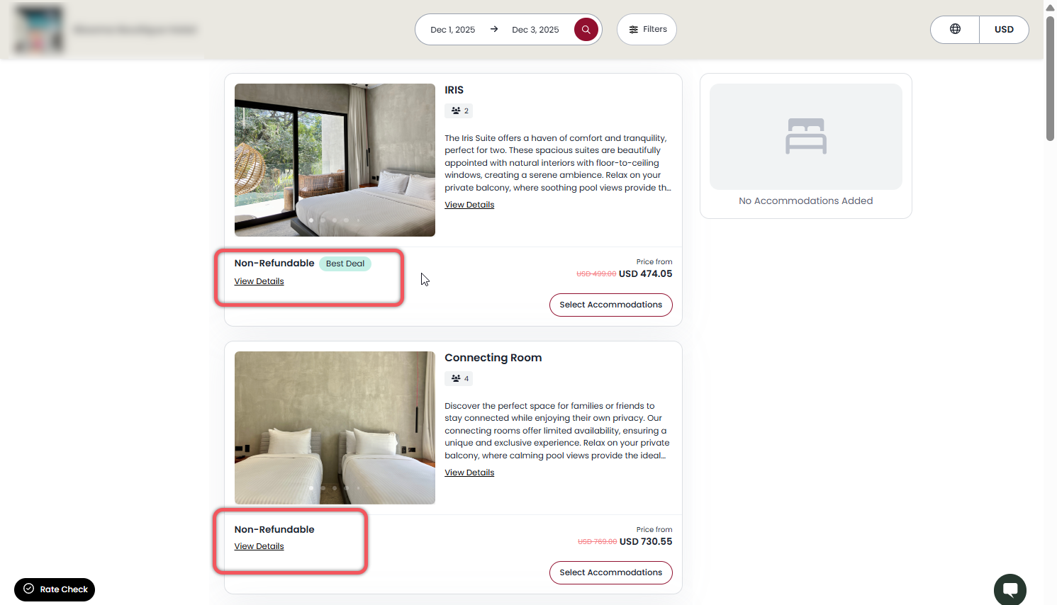 Motor de reservas sin tarifa estándar visible