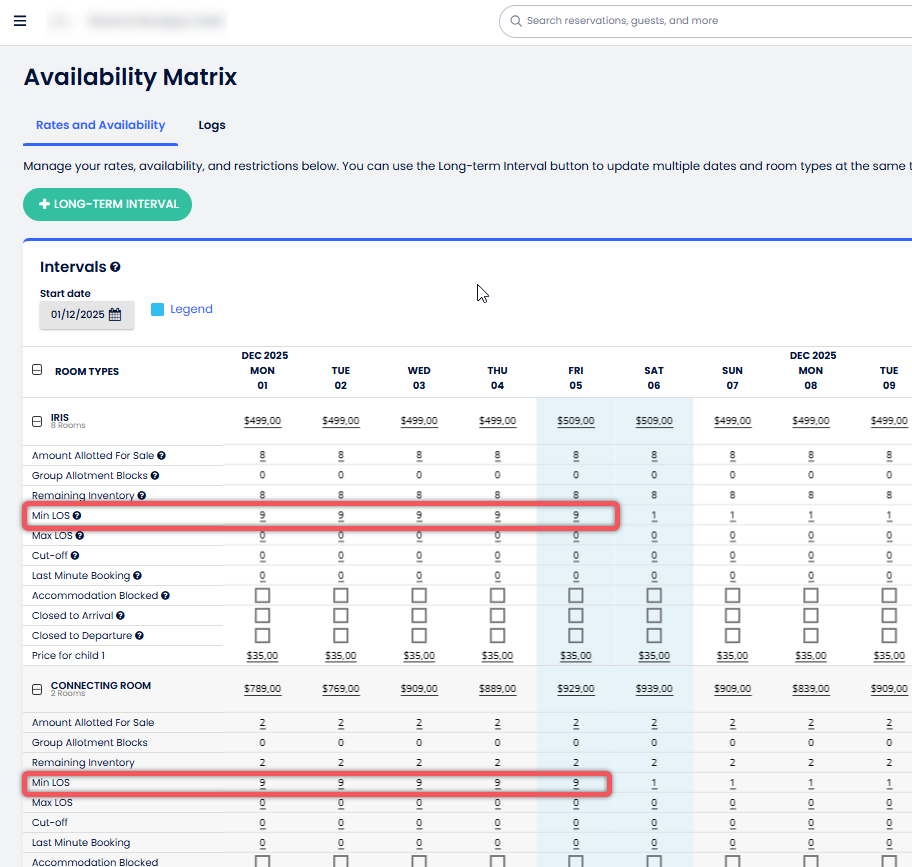 Ejemplo de Min LOS en la matriz de disponibilidad