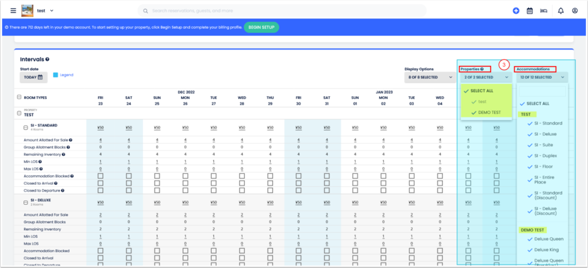 Matriz de disponibilidad en la vista multipropiedad