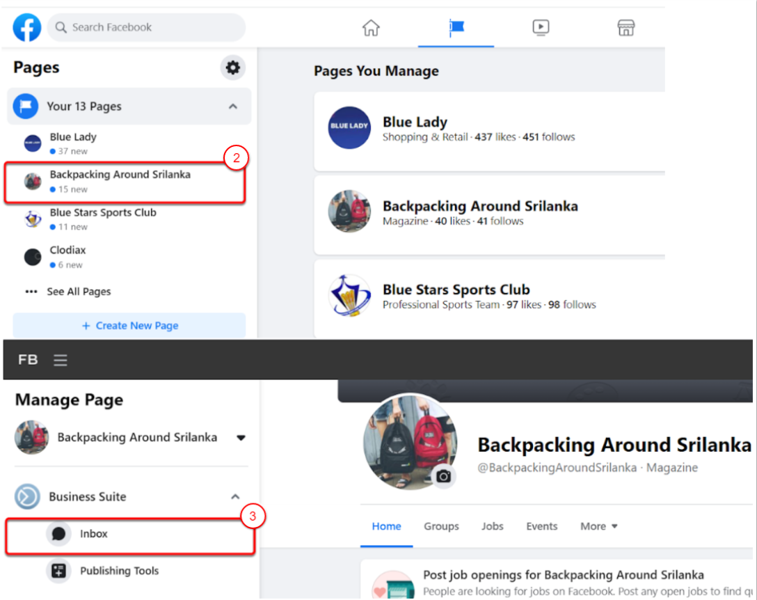 Sayfa yönetimi menüsünde Facebook gelen kutusu butonu