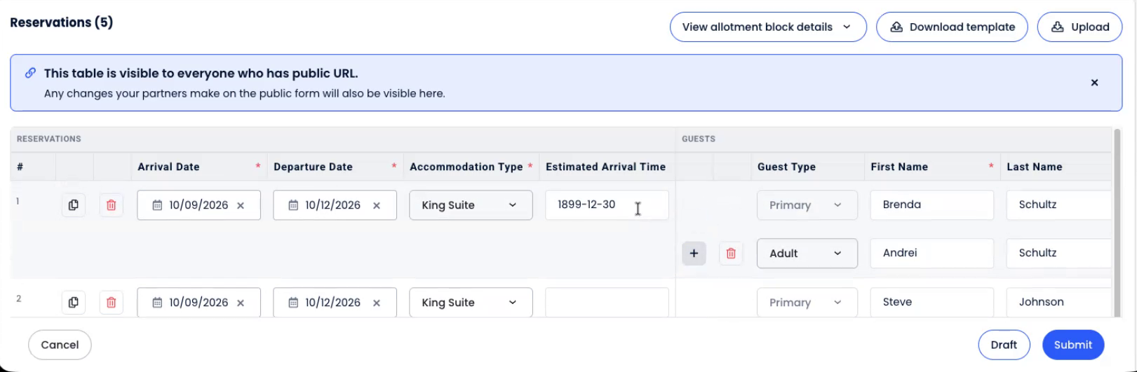 The rooming list grid successfully populated with guest data after a valid upload.