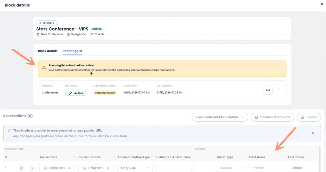 Yellow notification banner in the Block Details view indicating a partner has submitted entries for review.