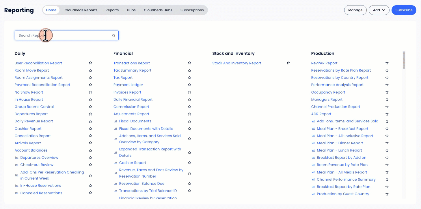 The Reporting Homepage and how the star icon and the Favorites folder work