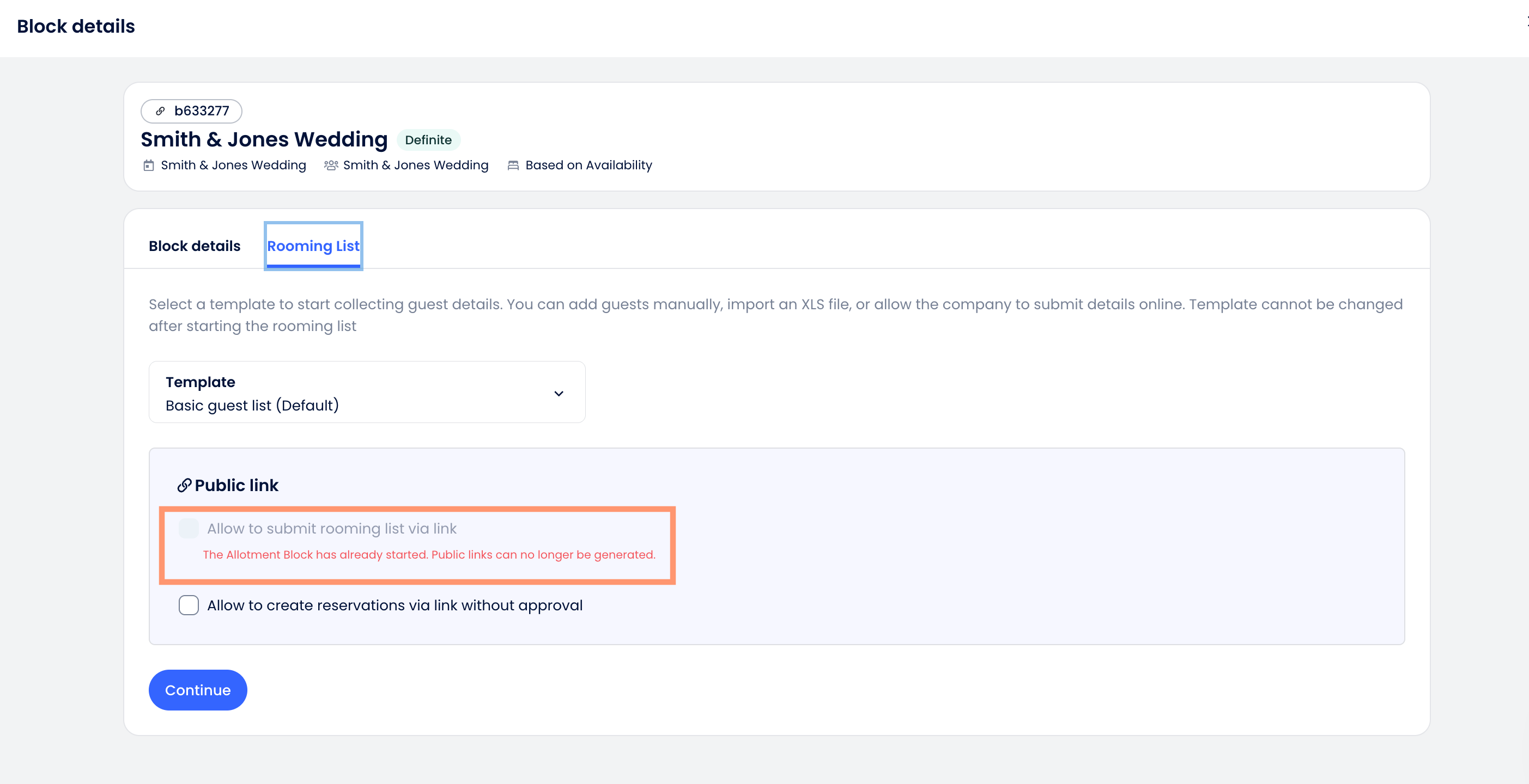 Error message in the Public Link section indicating that the block has already started.
