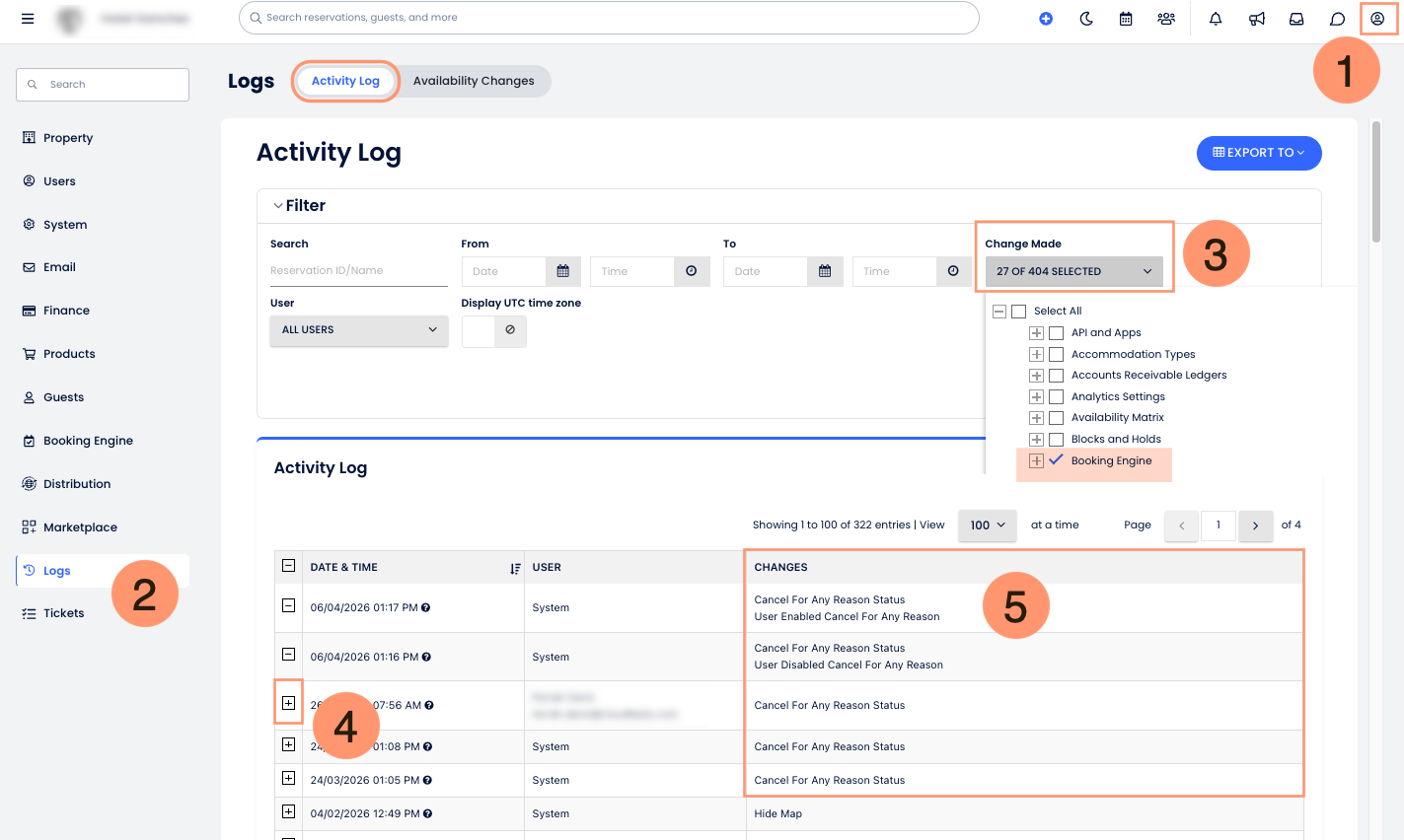Activity Log showing Cancel For Any Reason status changes