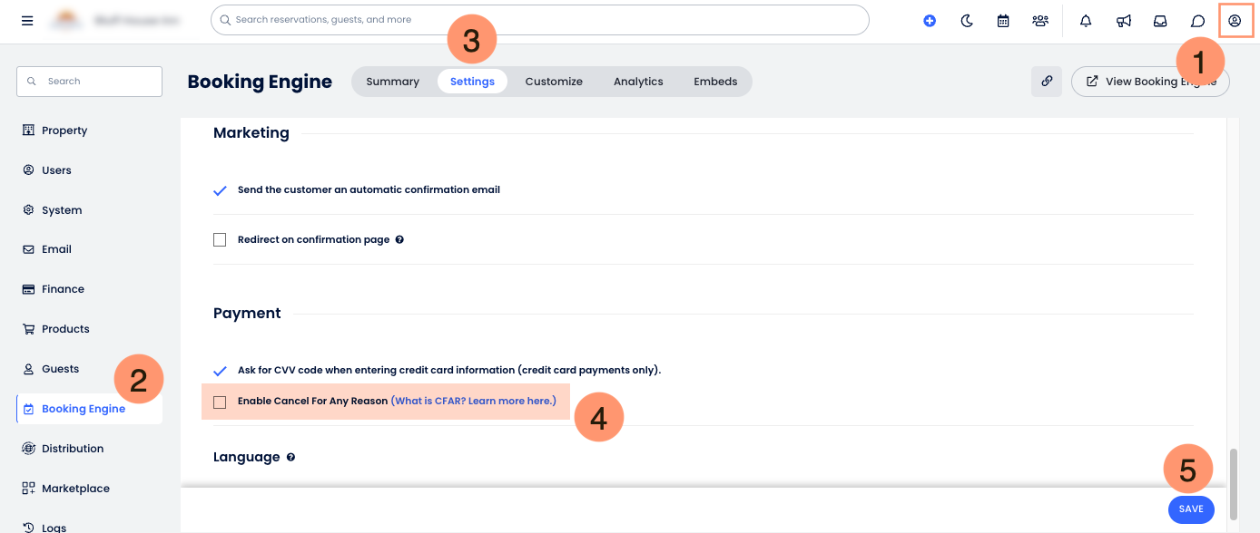 Annotated screenshot of Booking Engine Settings highlighting navigation steps and the Enable Cancel For Any Reason checkbox