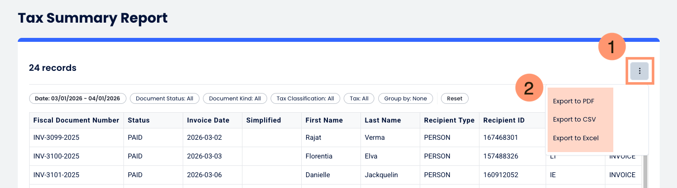 The export menu options displayed after clicking the three-dot icon