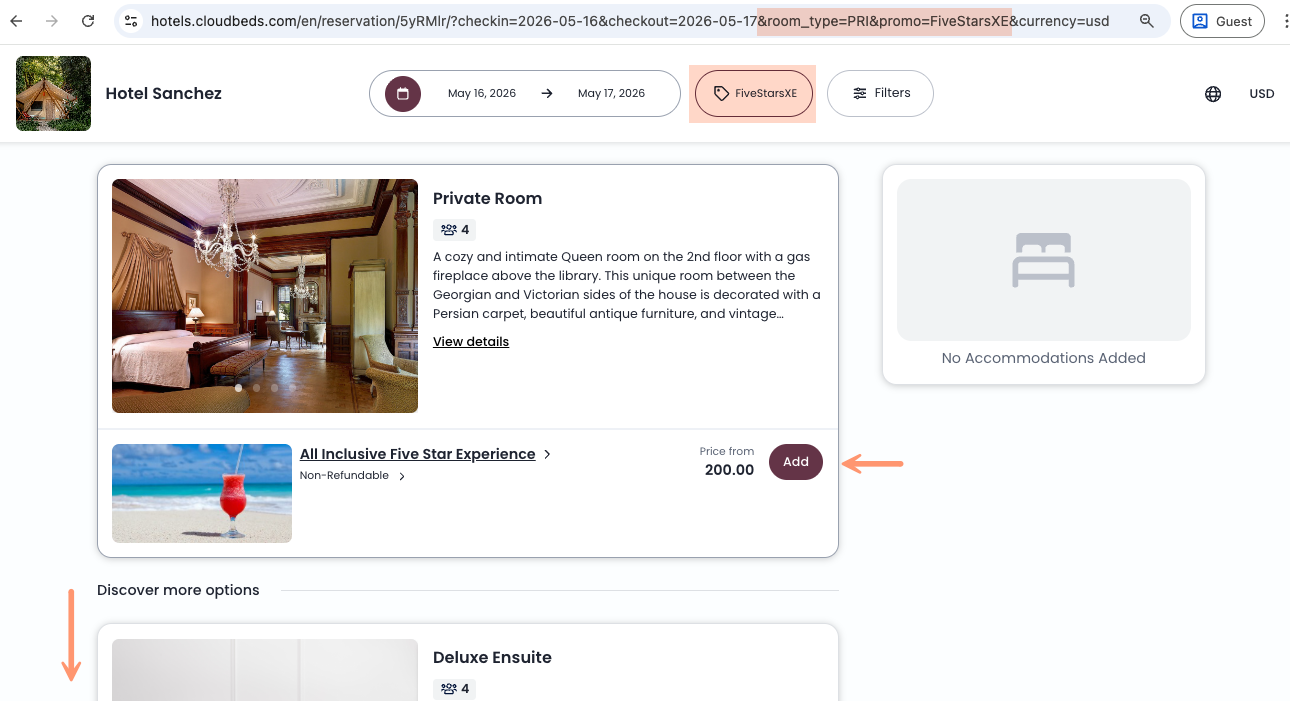 Booking Engine highlighting specific room and rate plan