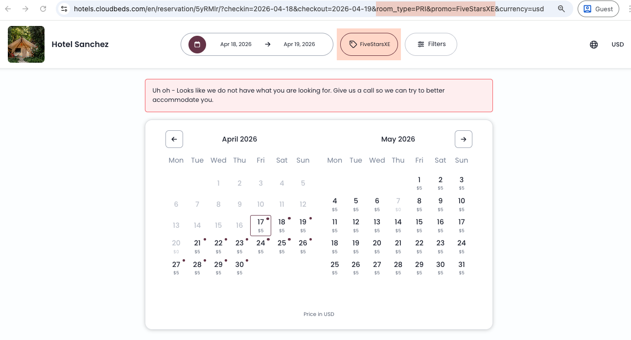 Booking Engine showing unavailability message and calendar