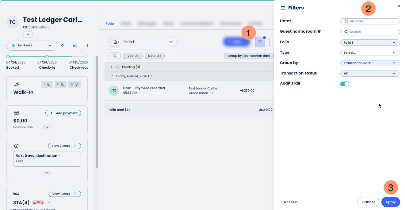 Filters panel in the Reservation Details drawer Folio tab