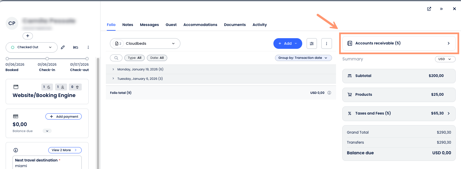 Botão Contas a Receber no painel de Detalhes da Reserva, Resumo do Extrato