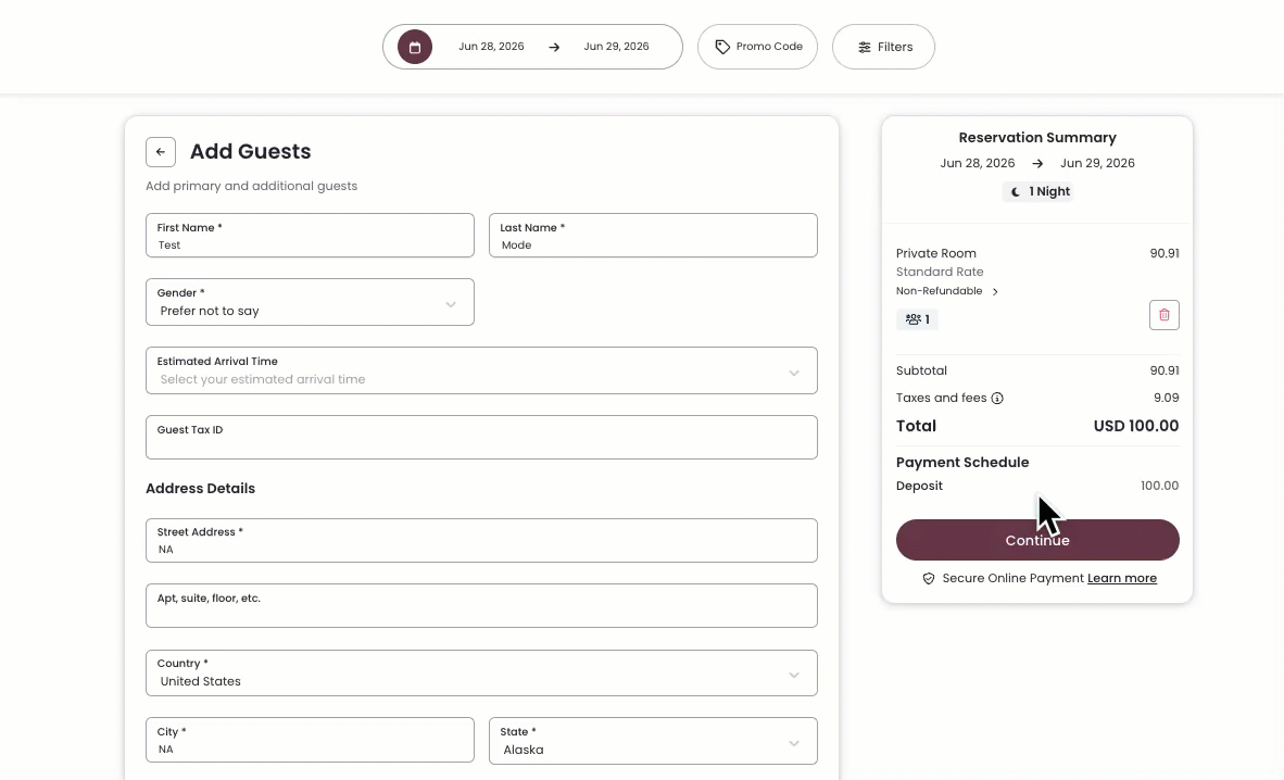 Fluxo de finalização da compra no Motor de Reservas onde o hóspede clica em Continuar e a etapa de pagamento abre em uma janela pop-up ou modal