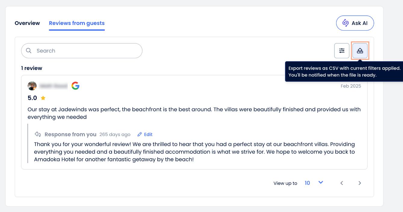 Export icon in the Reviews from guests tab