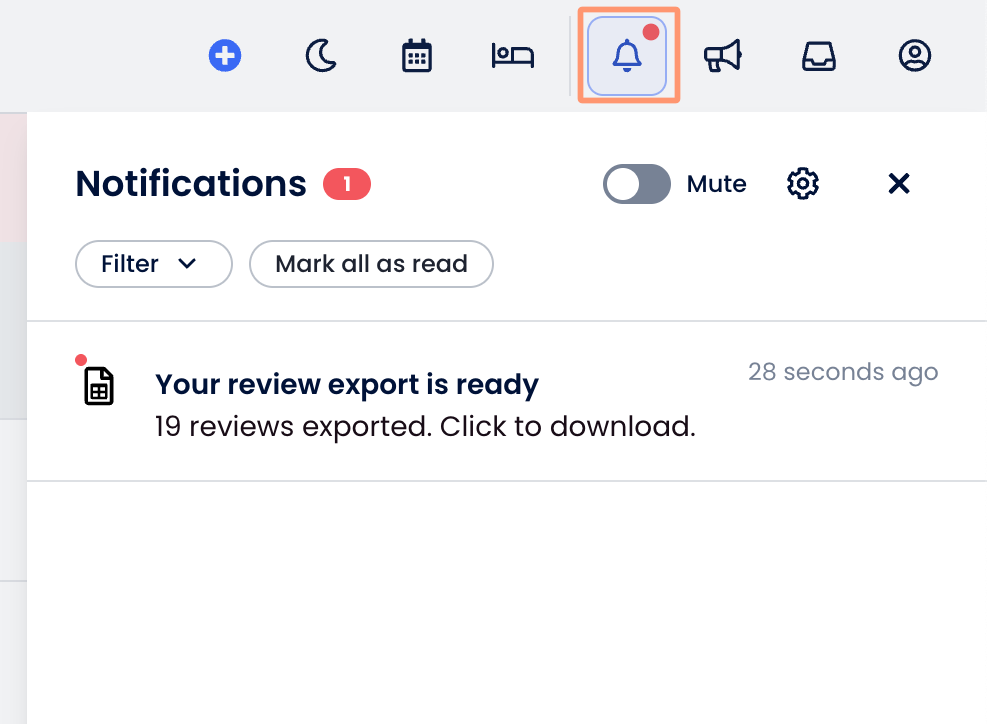 Review export ready notification in the Notifications panel