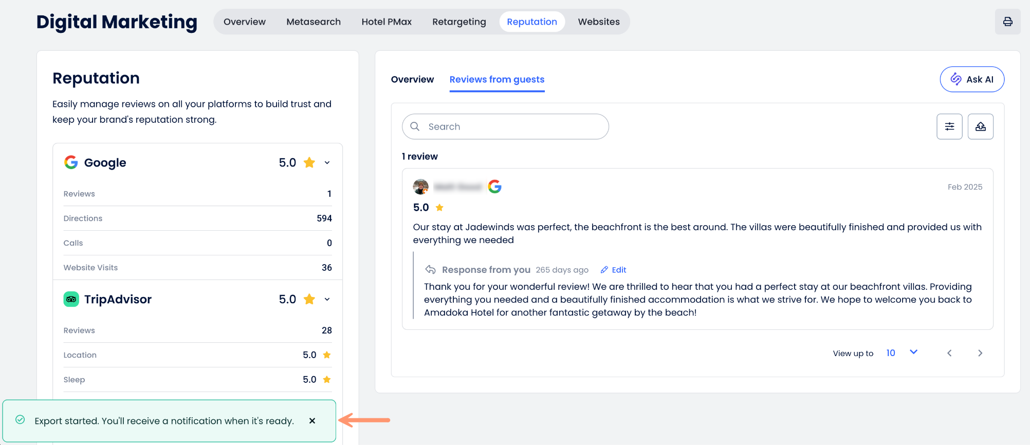 Screenshot of the confirmation that says “Export started. You'll receive a notification when it's ready.”