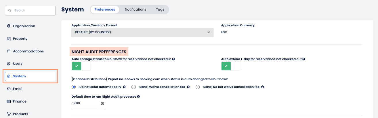 Cloudbeds PMS preferences panel showing the Night Audit Preferences section with configuration switches and operational run times