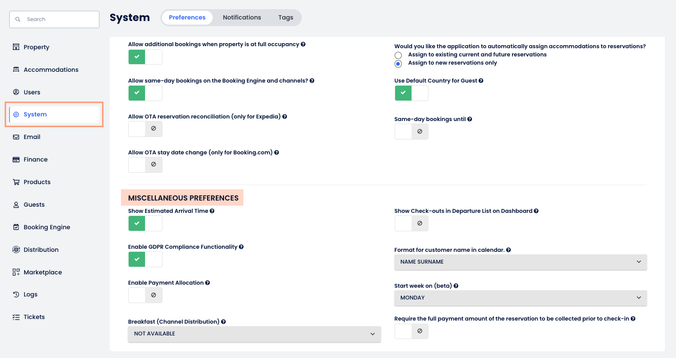 Cloudbeds PMS system preferences page highlighting the Miscellaneous Preferences configuration section, including display options for arrival times, GDPR compliance features, and operational calendar settings