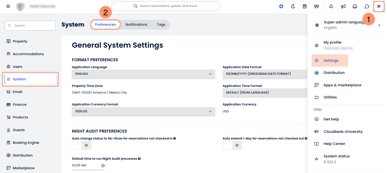Cloudbeds PMS General System Settings under the Preferences tab