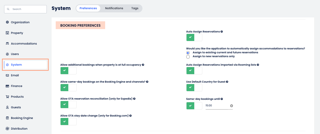 Cloudbeds PMS preferences panel displaying the Booking Preferences dashboard with active configuration toggles for auto-assignments, channel overrides, and full occupancy controls