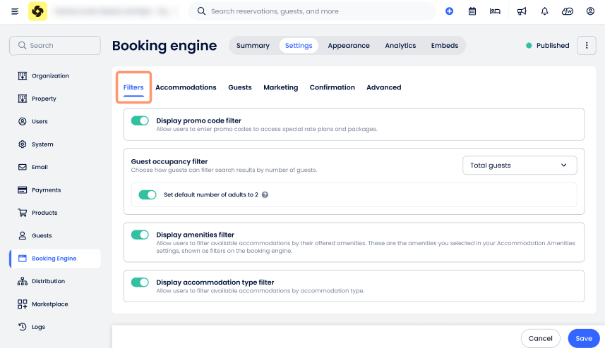 Imagen de la pestaña Filtros en la página de Configuración del Motor de reservas