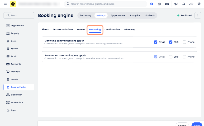 Imagen de la pestaña Marketing en la página de Configuración del Motor de reservas