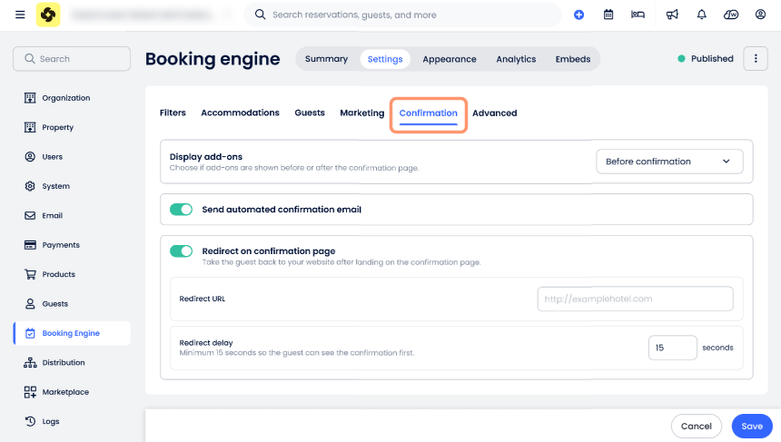 Imagen de la pestaña Confirmación en la página de Configuración del Motor de reservas