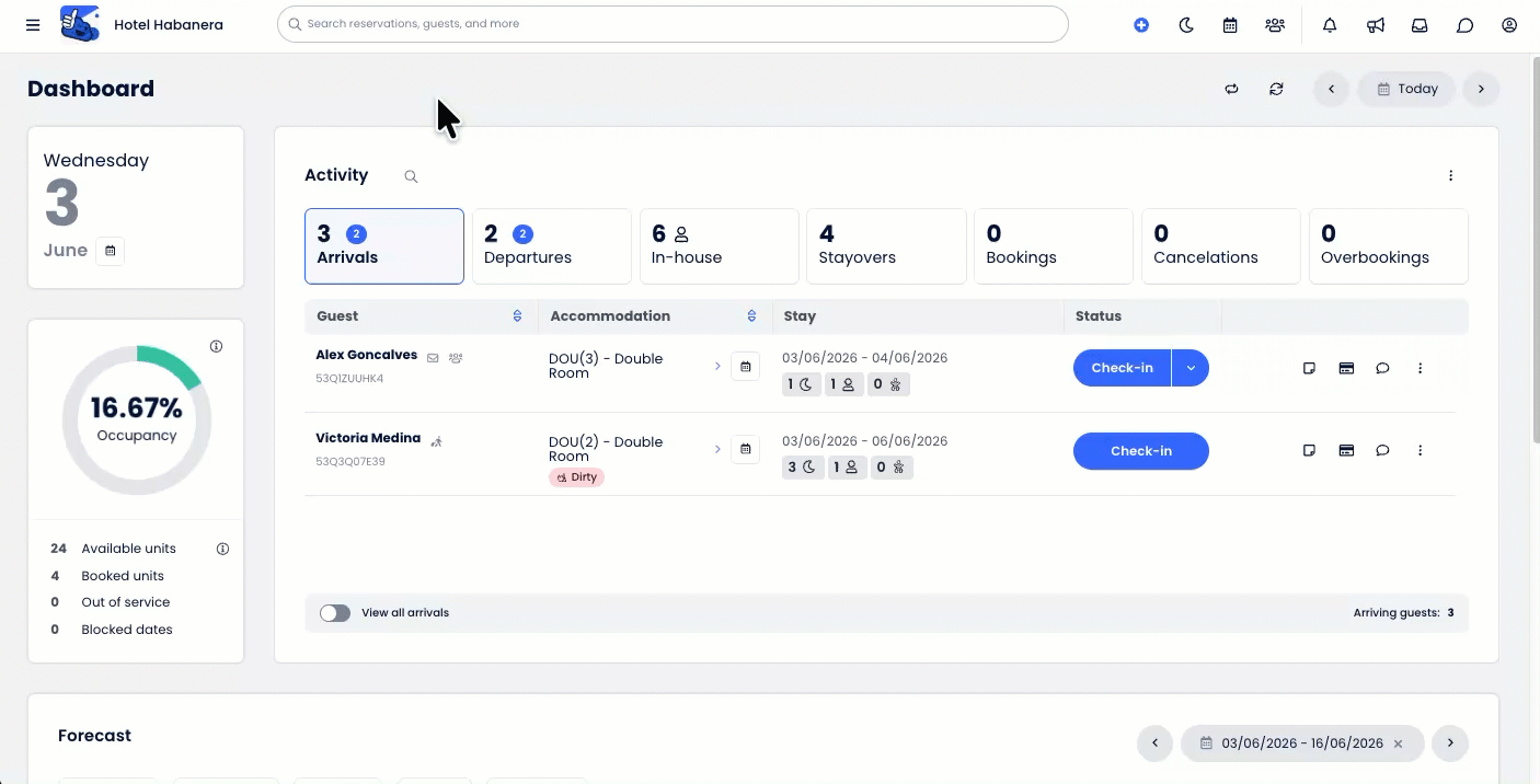 Animated demonstration showing a user opening the Main Menu, selecting Reporting, typing "Revpar" into the Search Reports bar, and clicking on the RevPAR Report from the results to open it in a new tab.
