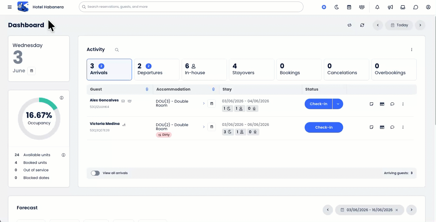 Animated demonstration showing a user opening the Main Menu, selecting Reporting, typing "ADR" into the Search Reports bar, and clicking on the Average Daily Rate Report from the results to open it in a new tab.