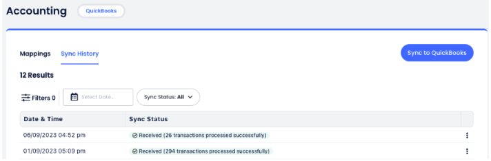 Onglet Historique de synchronisation QuickBooks