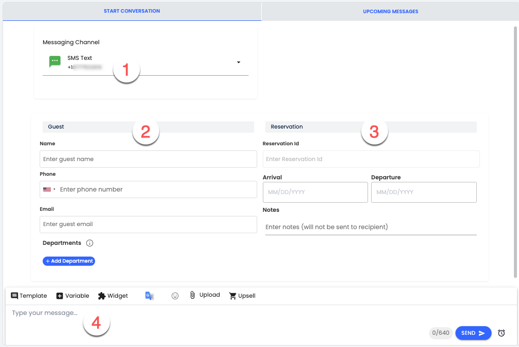Capture d’écran Démarrer une conversation montrant uniquement les onglets Démarrer une conversation et Messages à venir