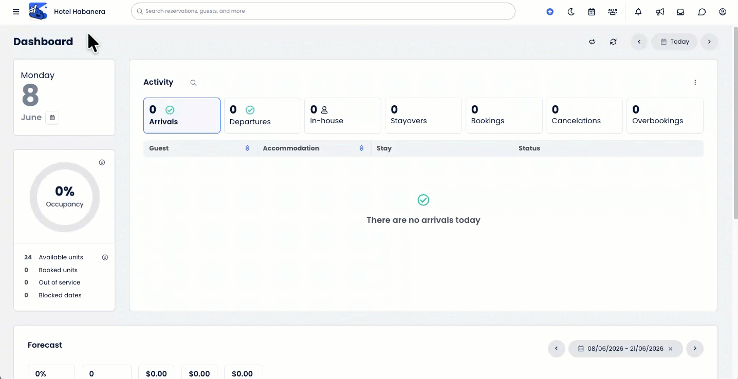 Animated demonstration showing a user opening the Main Menu, selecting Reporting, typing “Arrivals” into the Search Reports bar, and clicking on the Arrivals Report from the results to open it in a new tab. 
