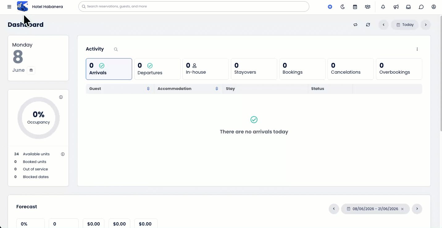 Animated demonstration showing a user opening the Main Menu, selecting Reporting, typing “Departures” into the Search Reports bar, and clicking on the Departures Report from the results to open it in a new tab. 