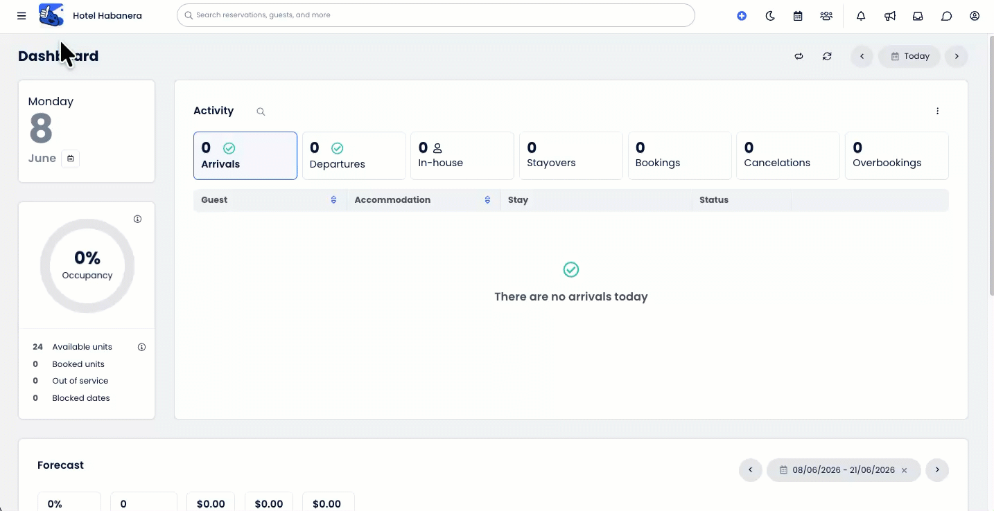 Animated demonstration showing a user opening the Main Menu, selecting Reporting, typing “Room Assignments” into the Search Reports bar, and clicking on the Room Assignments Report from the results to open it in a new tab. 