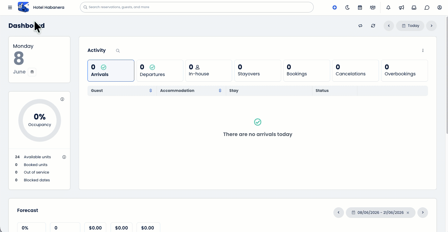 Animated demonstration showing a user opening the Main Menu, selecting Reporting, typing “Room Move” into the Search Reports bar, and clicking on the Room Move Report from the results to open it in a new tab.