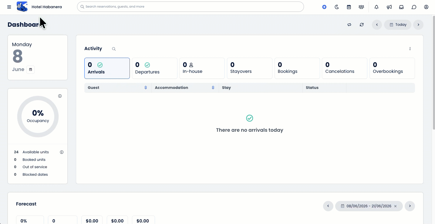 Animated demonstration showing a user opening the Main Menu, selecting Reporting, typing “Group Rooms Control” into the Search Reports bar, and clicking on the Group Rooms Control Report from the results to open it in a new tab. 
