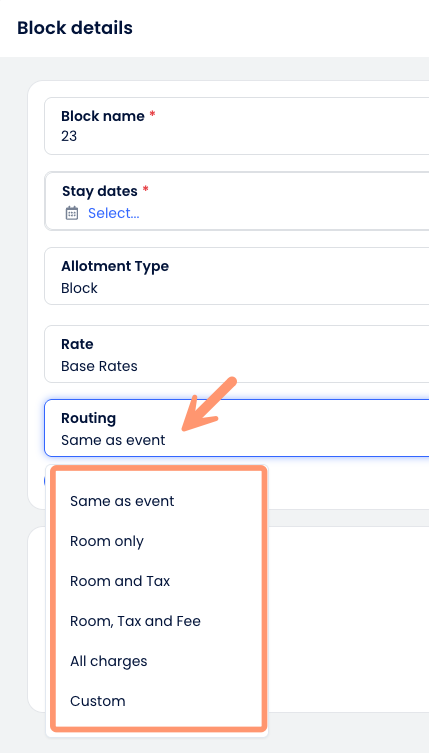 Screenshot of the Routing dropdown in the Block details drawer, showing Same as event, Room only, Room and Tax, Room, Tax and Fee, All charges, and Custom.