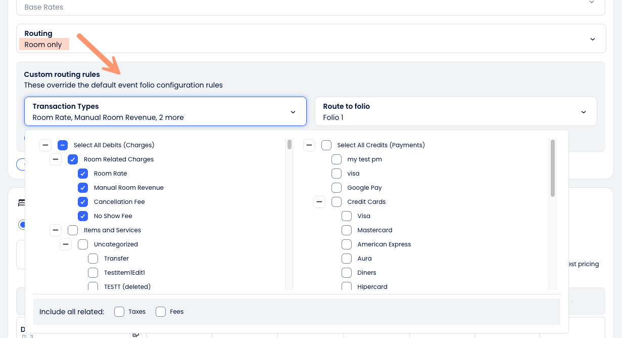 Screenshot of the Custom routing rules section showing Transaction Types and Route to folio.