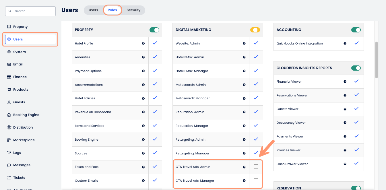 Screenshot of the Digital Marketing role privileges showing OTA Travel Ads: Admin and OTA Travel Ads: Manager options.