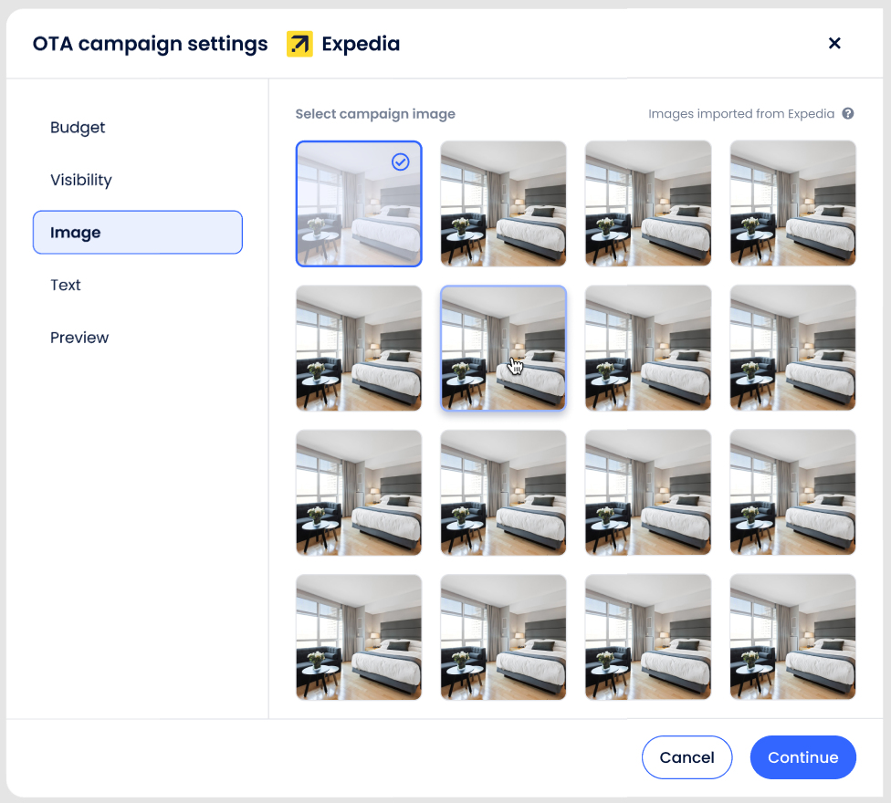 Capture d’écran de l’étape Image des paramètres de campagne OTA montrant les images importées depuis Expedia