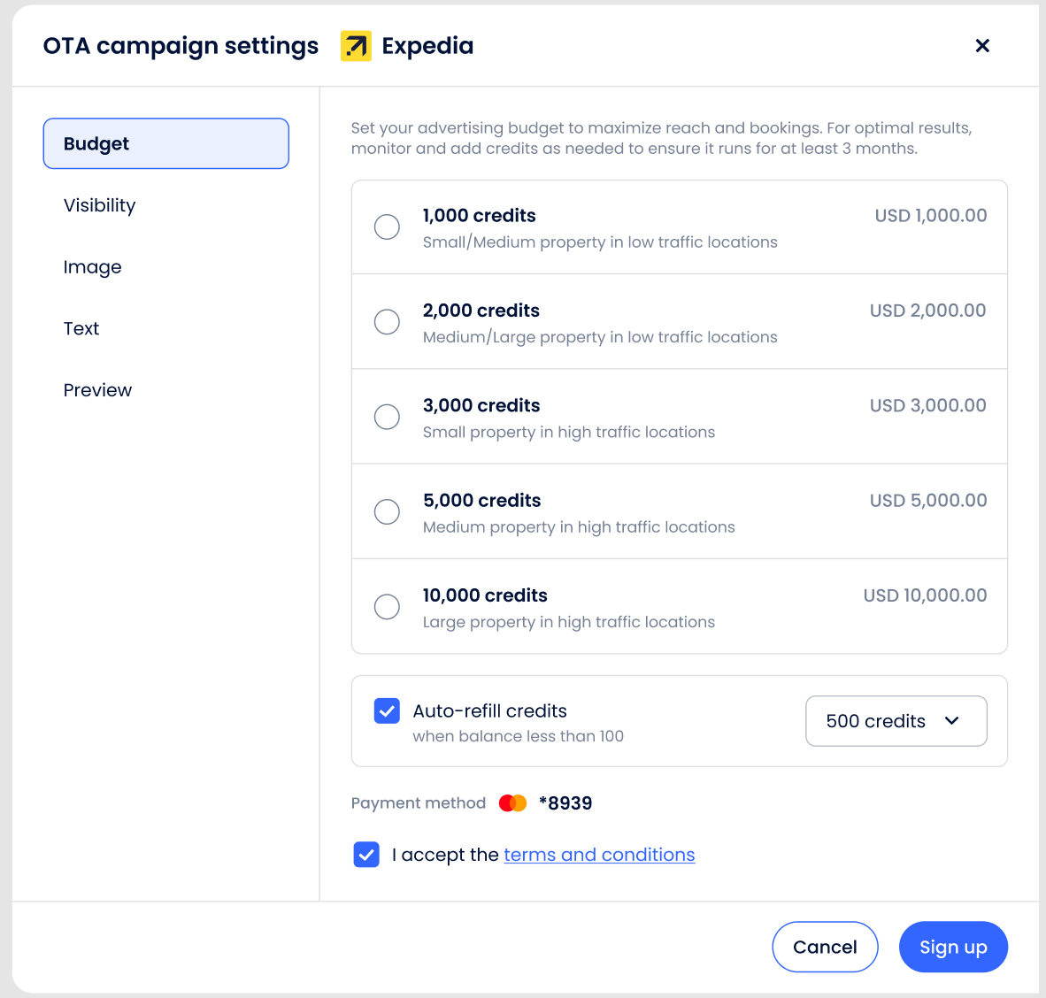 Captura de tela da etapa Orçamento das configurações da campanha OTA mostrando opções de crédito, Recarga Automática de créditos, método de pagamento, termos e condições, e botão de Inscrição