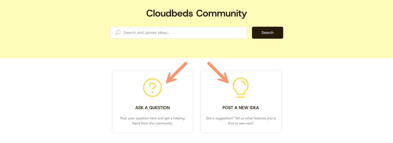 Screenshot of Cloudbeds Community showing the options Ask a question and Post a new idea.
