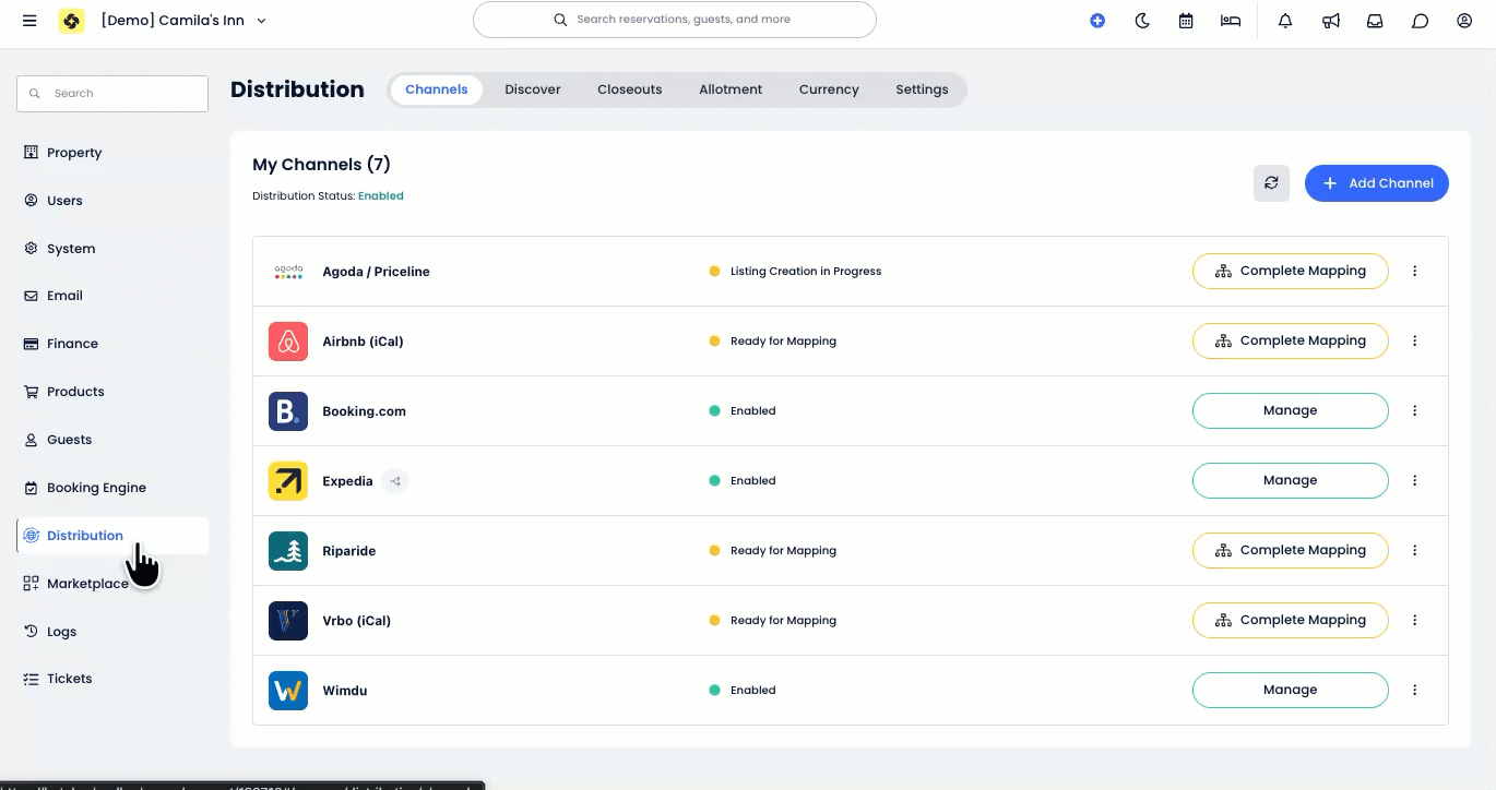 GIF showing the Expedia channel page, including how to click Manage, and use the Room Mapping View/Edit option to review or update the matching Expedia room type for each Cloudbeds accommodation