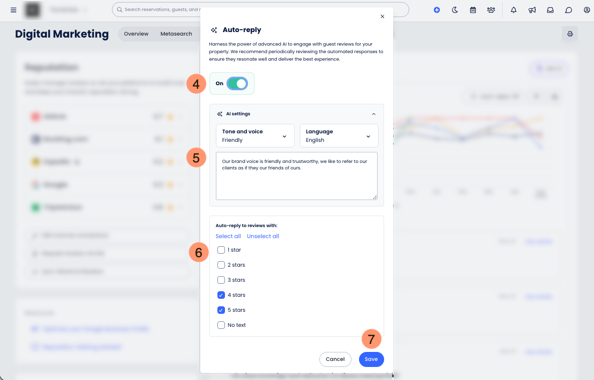 Image showing the Auto-reply modal with the toggle enabled, Tone and voice, Language, Refine prompt, rating options, and Save button.