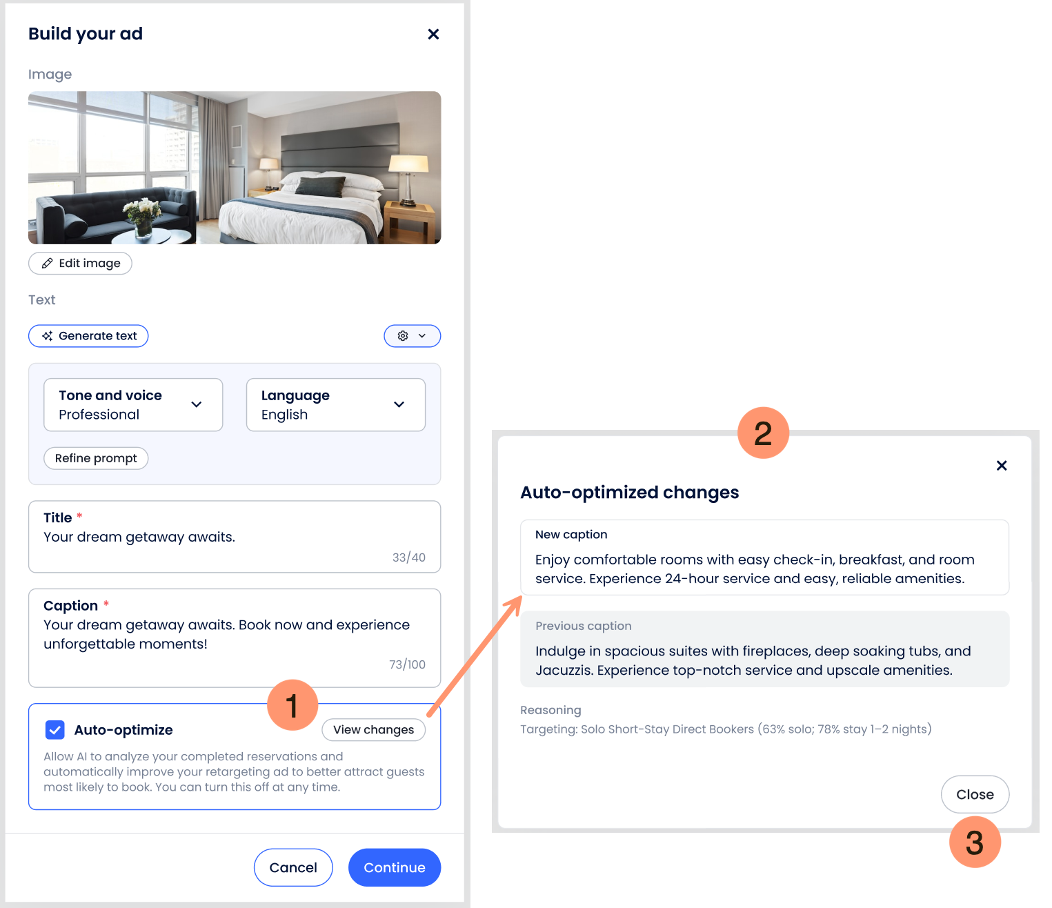 Panel Crea tu anuncio con la Optimización automática activada y el botón Ver cambios seleccionado, que abre la ventana Cambios optimizados automáticamente con el nuevo texto descriptivo, el texto anterior, el razonamiento de optimización y el botón Cerrar.
