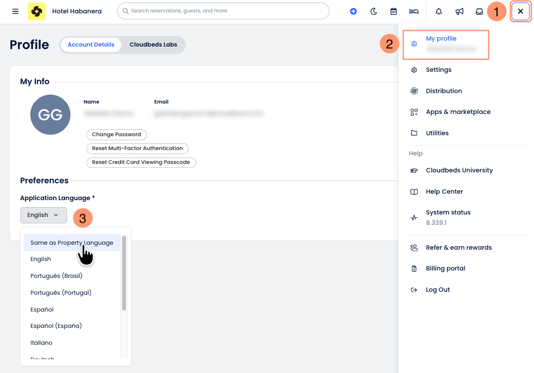Página Meu Perfil com o Menu Conta aberto, Meu Perfil destacado e o menu suspenso Idioma do Aplicativo aberto em Preferências, mostrando Mesmo que o idioma da propriedade como a primeira opção destacada.