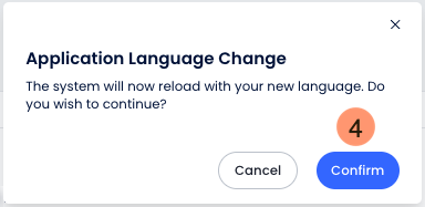Diálogo de confirmação de alteração do idioma do aplicativo informando que o sistema será recarregado com o novo idioma, com os botões Cancelar e Confirmar.