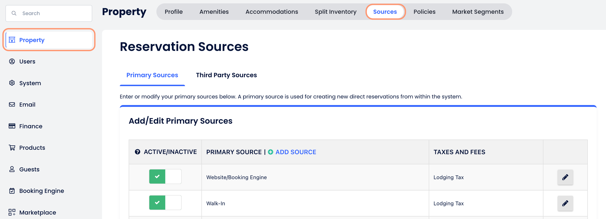 Page Sources de réservation montrant les sources principales et leurs Taxes et Frais assignés